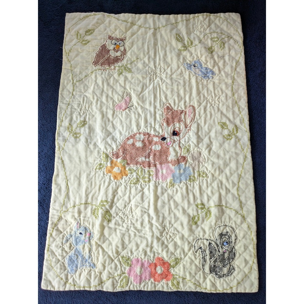 Vintage Disney Bambi Thumper Flower Embroidered Baby Quilt Cream Yellow 30x43